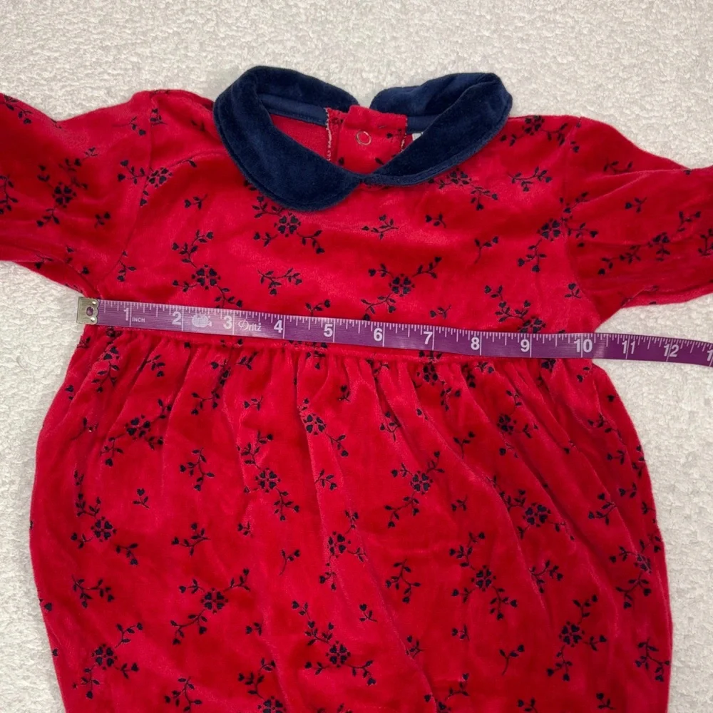 OshKosh B'gosh Red and Navy velour Floral One Piece vintage 0/3m
